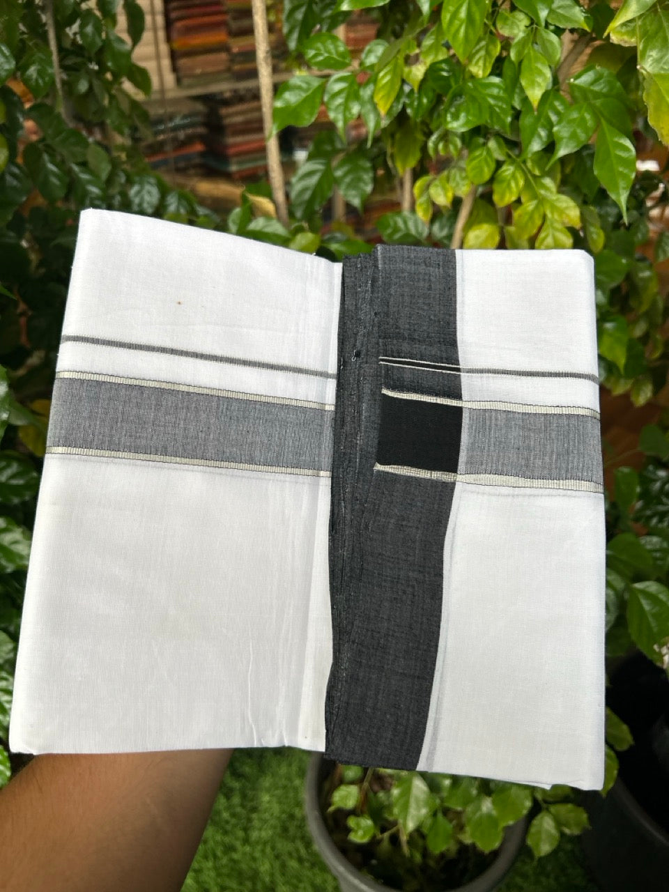 25% Discount!! NEW ULTRA PURE WHITE HANDLOOM Balaramapuram - 100% MERCERISED Cotton Double Mundu/Dhoti - 120 twisted warp x 80s weft - Black & Silver Kasav Kara- 1KK5248 REA