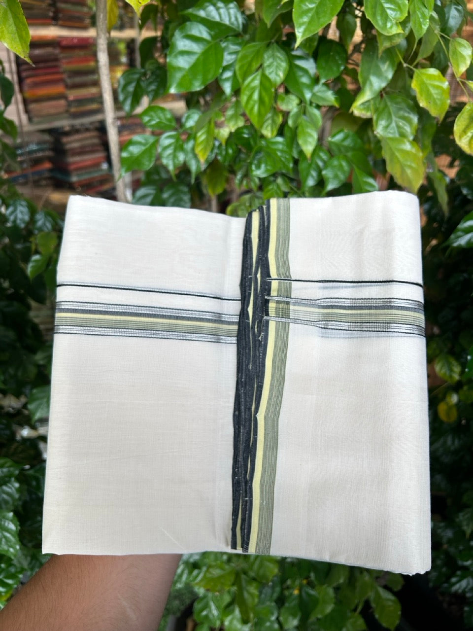 25% DISCOUNT!! KaithariKada HANDLOOM UNAKKUPAAV Balaramapuram - 100% PURE Cotton OFF White - (Unbleached) Double Mundu/Dothi - 120 x 100 - 0.75 inch Black & Light Green Silver Kasav Striped Kara 4 meter - 1 KK5249 REA