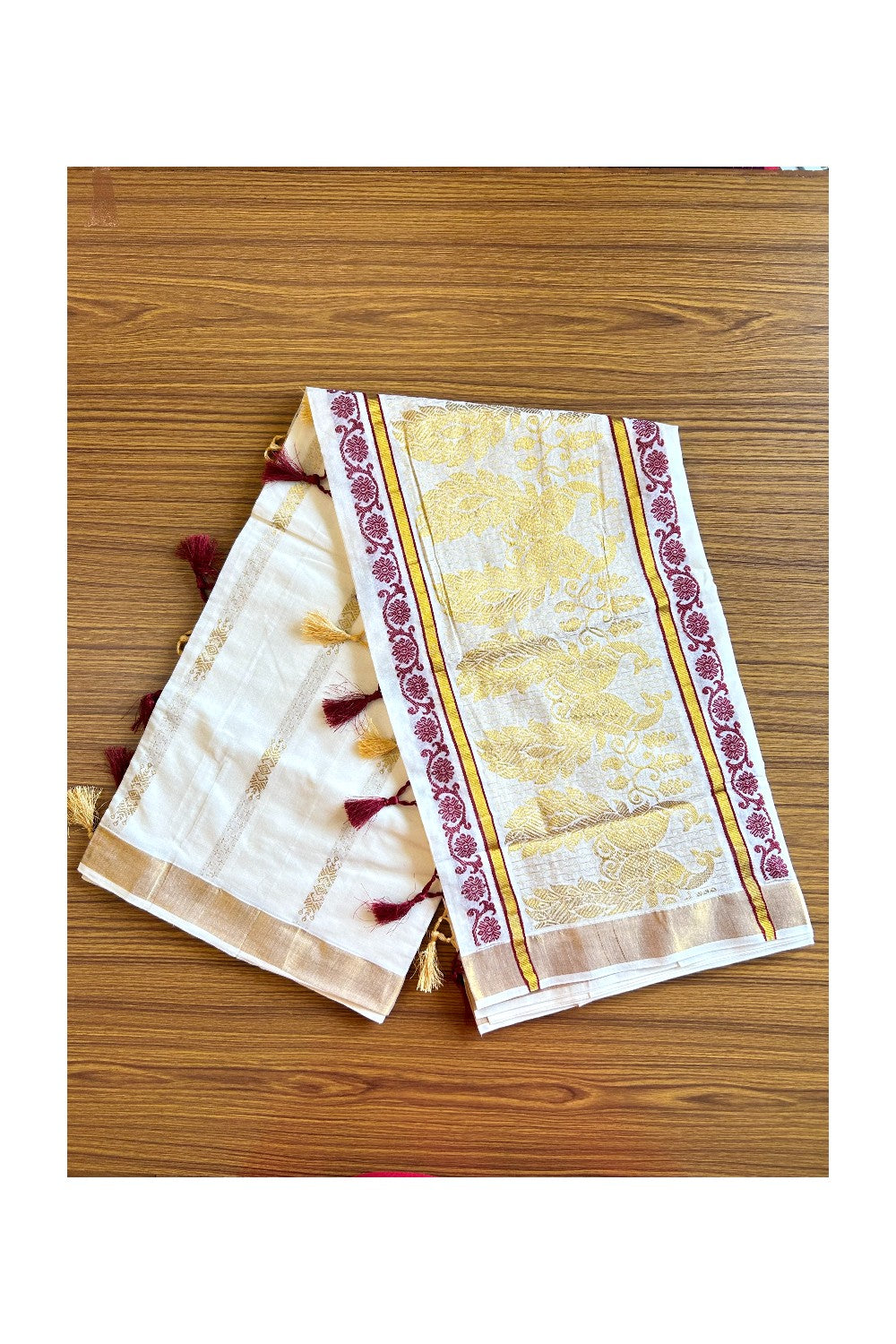 24% Discount!!! Kaitharikada Kerala Cotton Saree Off white - 29.5 inch Maroon & Kasav Zari with Peacock Pattern Putta Design- 1KK1002JEE