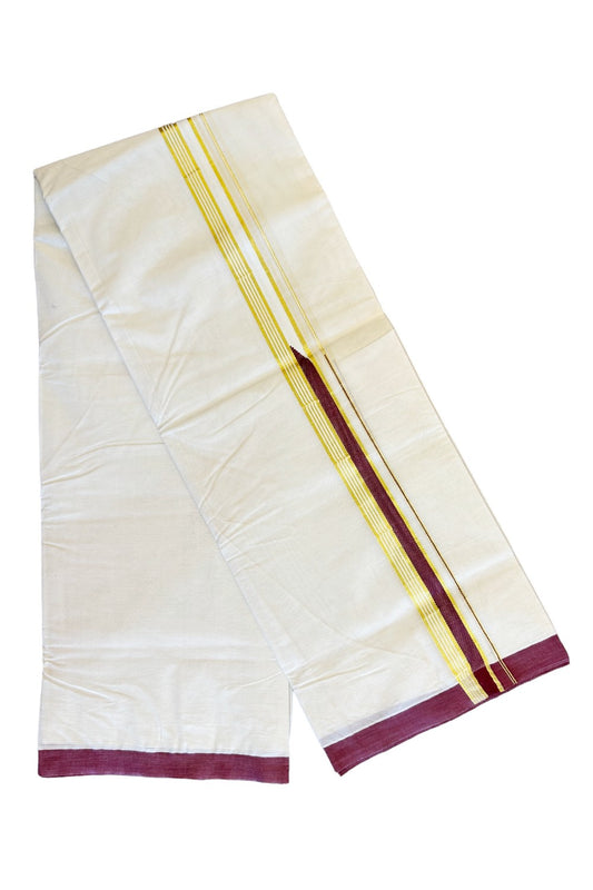 15% Discount! KaithariKada Balaramapuram 100% Cotton Double Off white (Unbleached) Mundu/Dhoti-100x100 2 inch Chutty Heavy Designer Vine Red & Kasav Kara-. 1KK446ASH