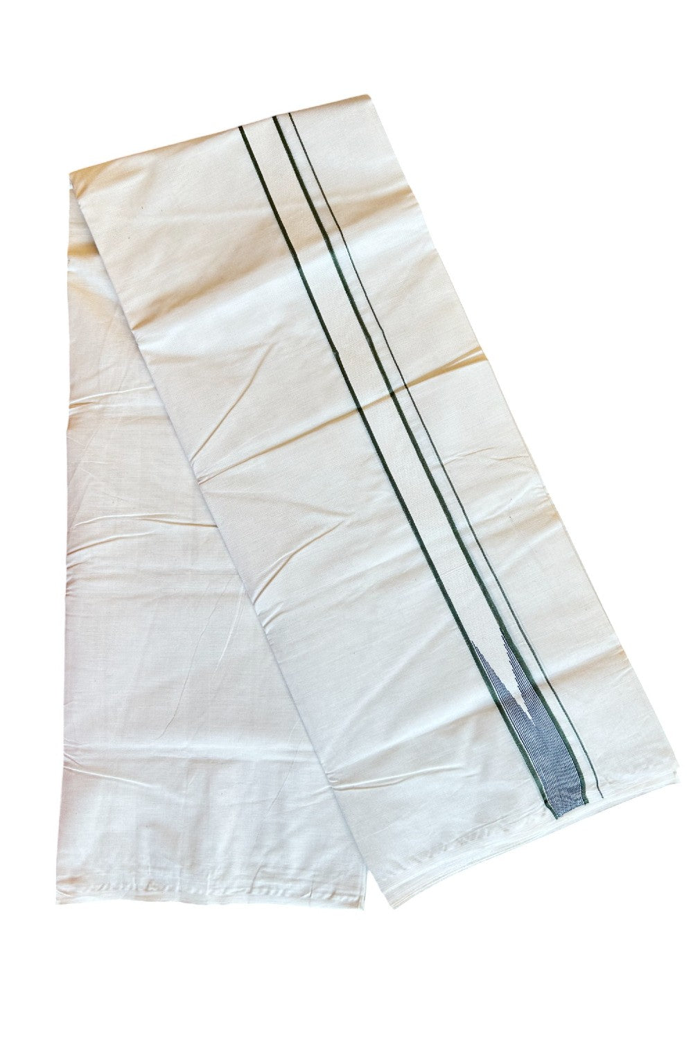 26% OFFER ! KaithariKada Balaramapuram 100% Cotton Double OFF WHITE - (Unbleached) Mundu/Dhoti-100x100 1.65 INCH Puliyilakkara Olive Green Heavy Chutty Black Stripes - 1KK484ASH