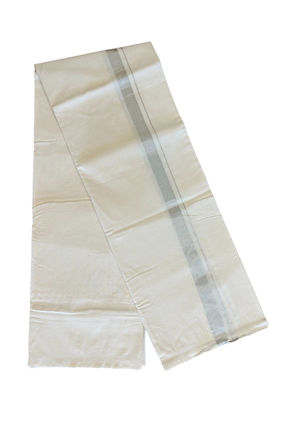 25% Discount KaithariKada 100% Cotton Balaramapuram HANDLOOM Single Mundu/Dhoti - Off White - (Unbleached) 1.25 inch Silver Kasavu Kara Stripes &(2 meter / 4 muzham)- 1KK499KK