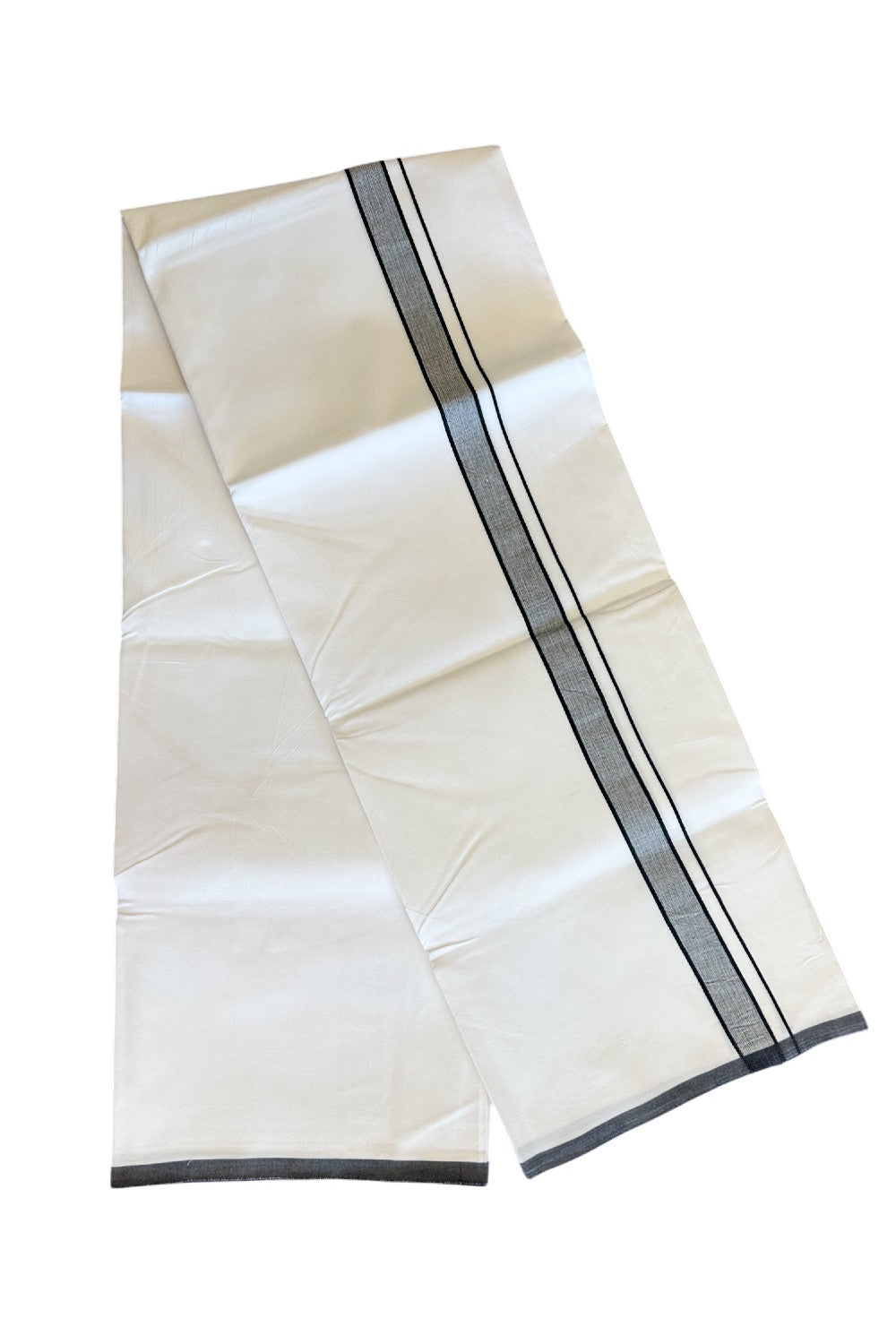 17% DISCOUNT! KaithariKada Balaramapuram 100% Cotton Pure WHITE Single Mundu/Dhoti-100s 1.25 inch BLACK Shaded kara (2 meter / 4 muzham)- 1KK5043ASH