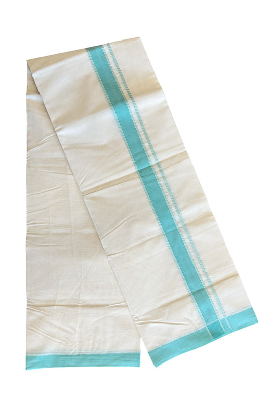 10% Discount! KaithariKada Balaramapuram 100% Cotton Double Off white- (Unbleached) - Mundu/Dhoti-100X100- 2 inch Turquoise Green Kara (3.76 meter / 8 muzham) - 29.