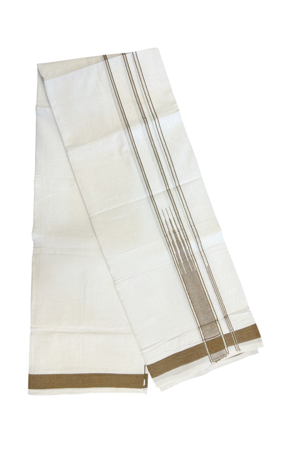 25% DISCOUNT! KaithariKada Balaramapuram 100% Mercerised Cotton Double ULTRA PURE white Mundu/Dhoti - 120x120 - 1.75 inch Heavy Chutty Silver Kasavu & Peanut Brown Kara - 1KK5139THI