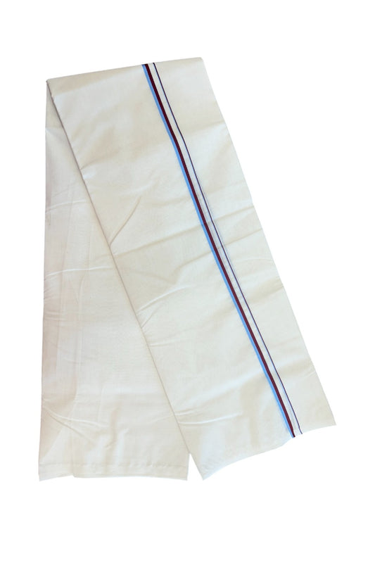 VCK VESHTI - 20% DISCOUNT! KaithariKada 100% Cotton off white Double - (Unbleached) Mundu/Dhoti - 100X80 - 1 cm Blue & Maroon Kara - 3.80 mtr - 1KK5163ASH