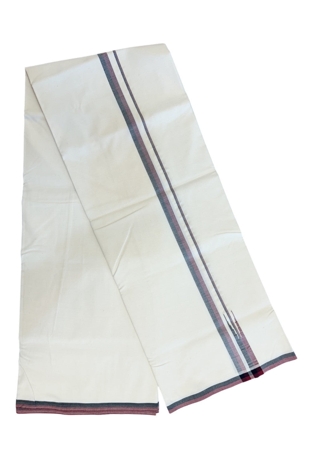 DMK Veshti - 29% DISCOUNT ! KaithariKada Balaramapuram 100% COTTON SINGLE OFF WHITE (Unbleached) Mundu/Dhoti-100X100 - 1.5 cm Puliyilakkara Maroon & Black Shaded Chutty Kara (2 meter / 4 muzham) - 1KK5165ASH