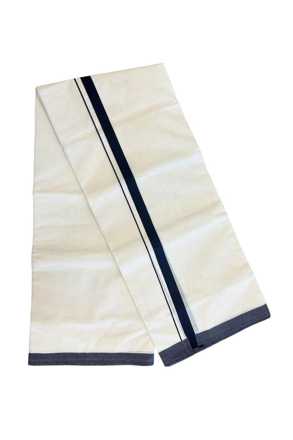 SHORT DHOTI SPECIAL! Kaitharikada.com 30% DISCOUNT! KaithariKada Balaramapuram 100% Cotton Off white (Unbleached) Double Mundu/Dhoti-100x100 - 0.75 inch Kara & 46 inches Height Navy Blue Kara- 1KK5166ASH