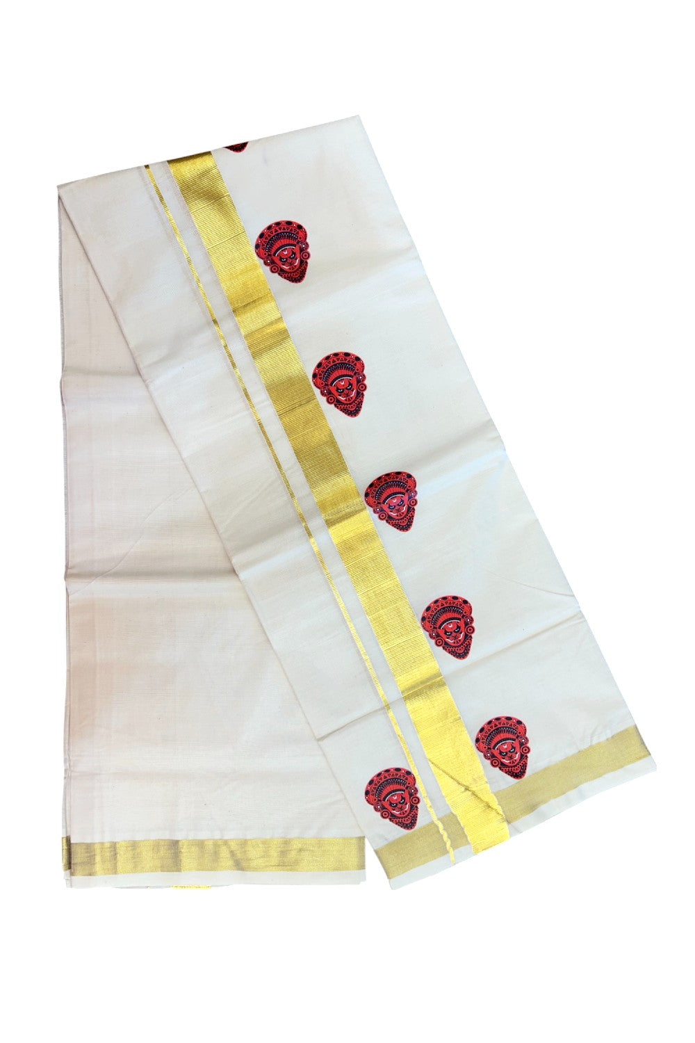 23% Discount!! KaithariKada Balaramapuram Mixed Cotton DOUBLE OFF WHITE - (Ubleached) Mundu/Dhoti - 80x72 - 1.25 inch Kasavu & Theyyam Printed Design Kara - 1KK5171GAN