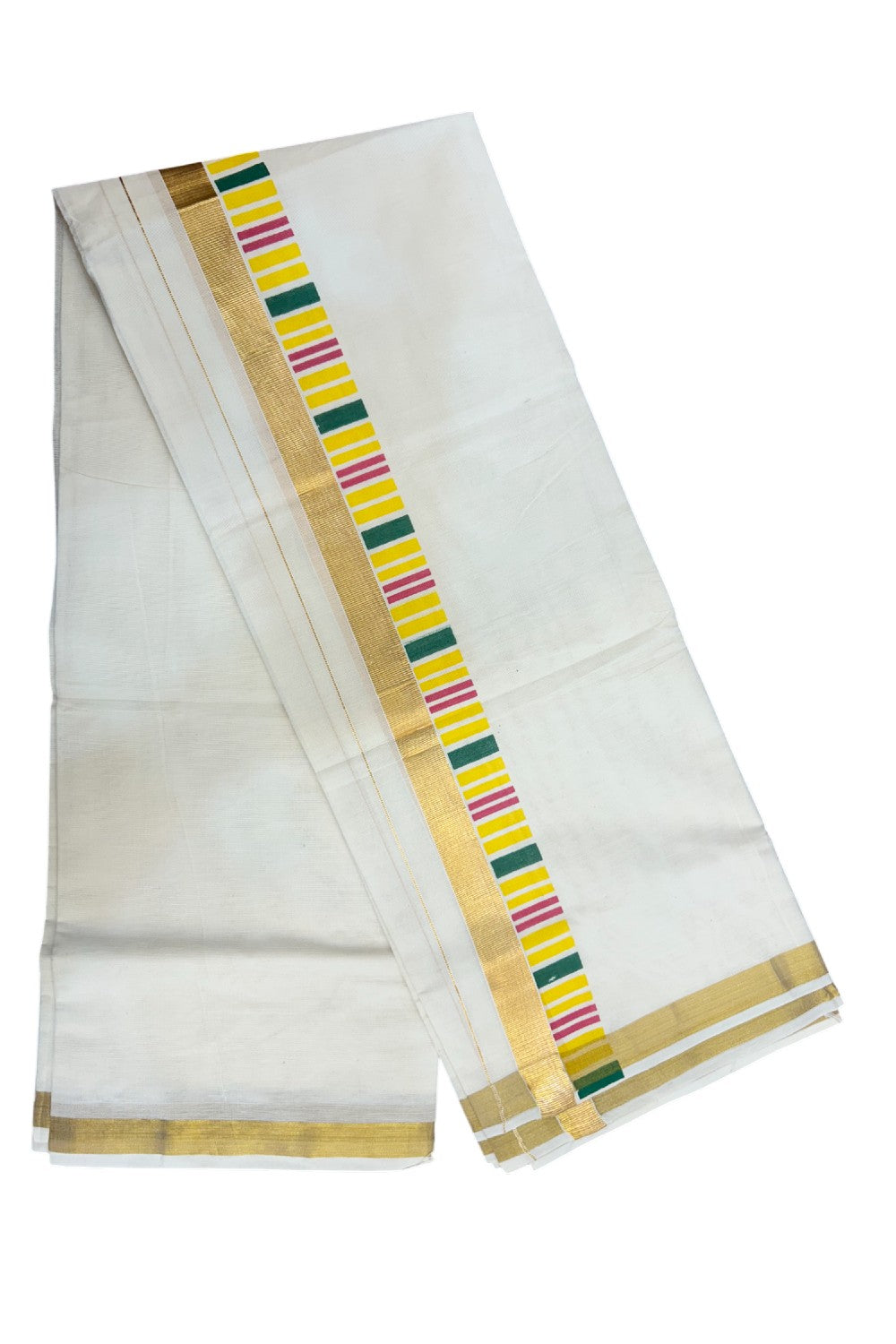 20% DISCOUNT! KaithariKada Balaramapuram 100% Cotton off white - (Unbleached) Double Mundu/Dhoti - 80X72 Cotton mix - 2.25 inch Yellow , majenta & Green striped Gold kasavu kara - 1KK5172PMC