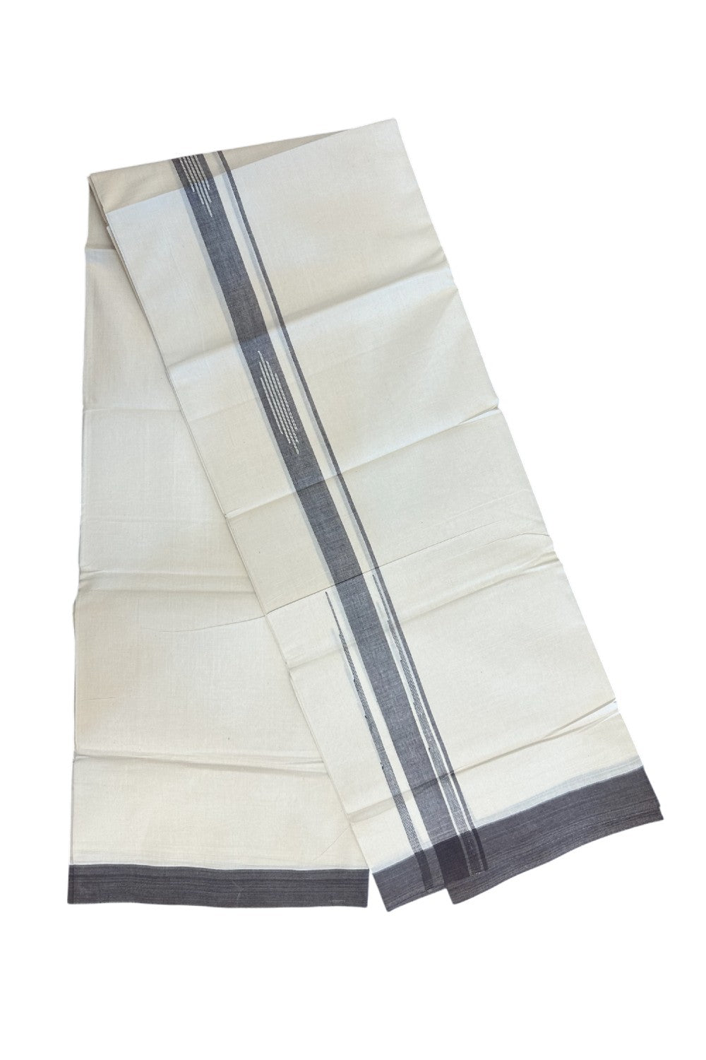 25% DISCOUNT! KaithariKada Balaramapuram Double OFF WHITE 100% Cotton Mundu/Dhoti - 100x80 - 1.5 inch Putta Design Brown chutty kara - 1KK5174THI