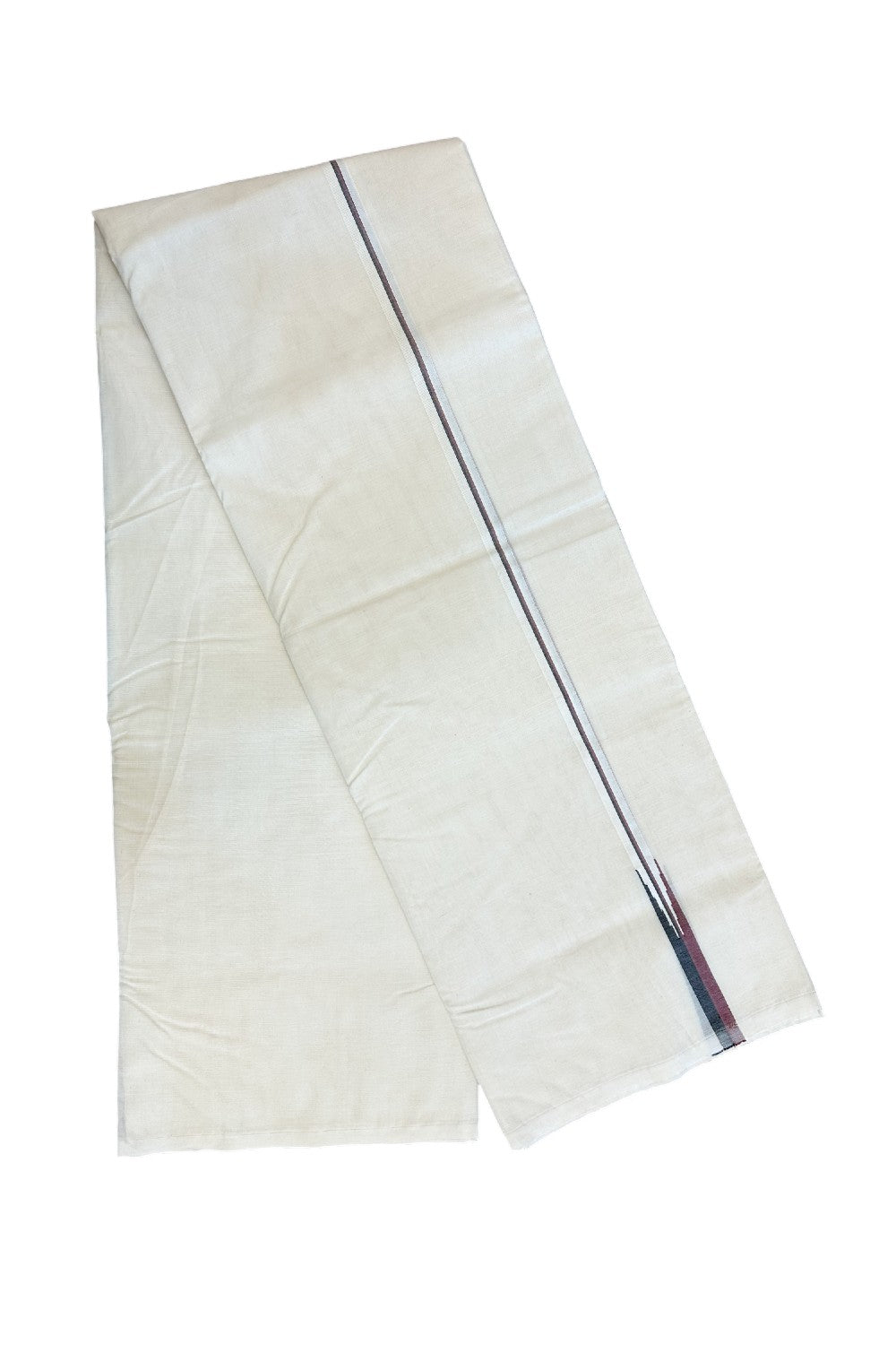 DMK Veshti - 23% DISCOUNT! KaithariKada 100% Cotton off white Double - (Unbleached) Mundu/Dhoti - 100X100 - 0.5 inch Puliyilakkara Black & Maroon Shaded chutty - 1KK5179ASH