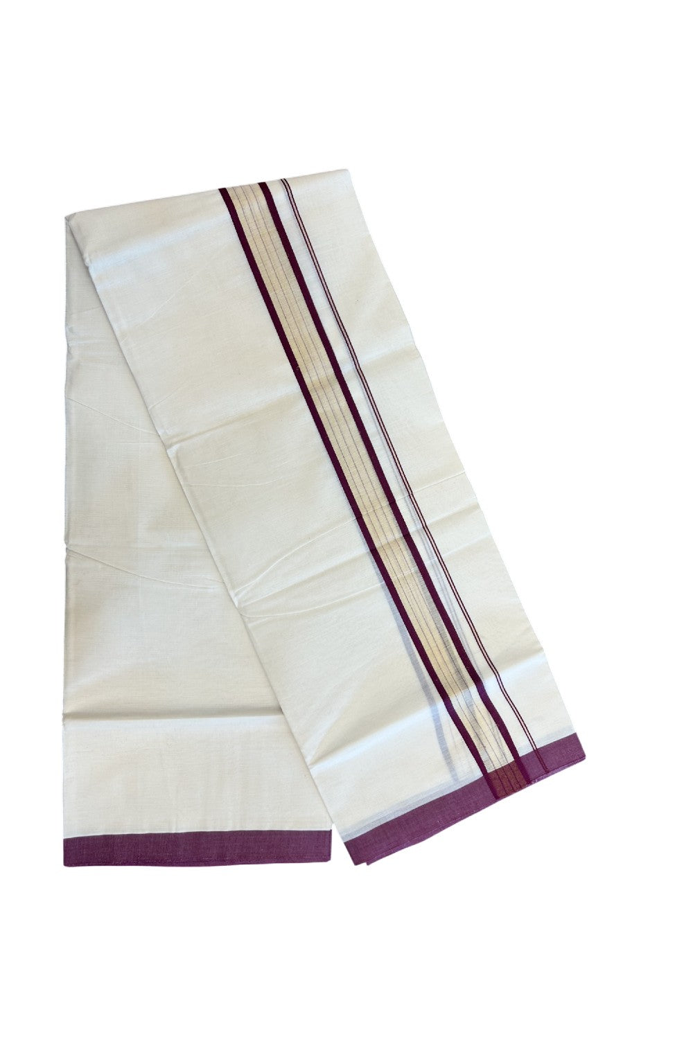 20% DISCOUNT! KaithariKada Balaramapuram Double OFF WHITE Mundu/Dhoti - 80x90 - 1.5 Inch Tissue Wine purple striped Kara - 1KK5182VAS