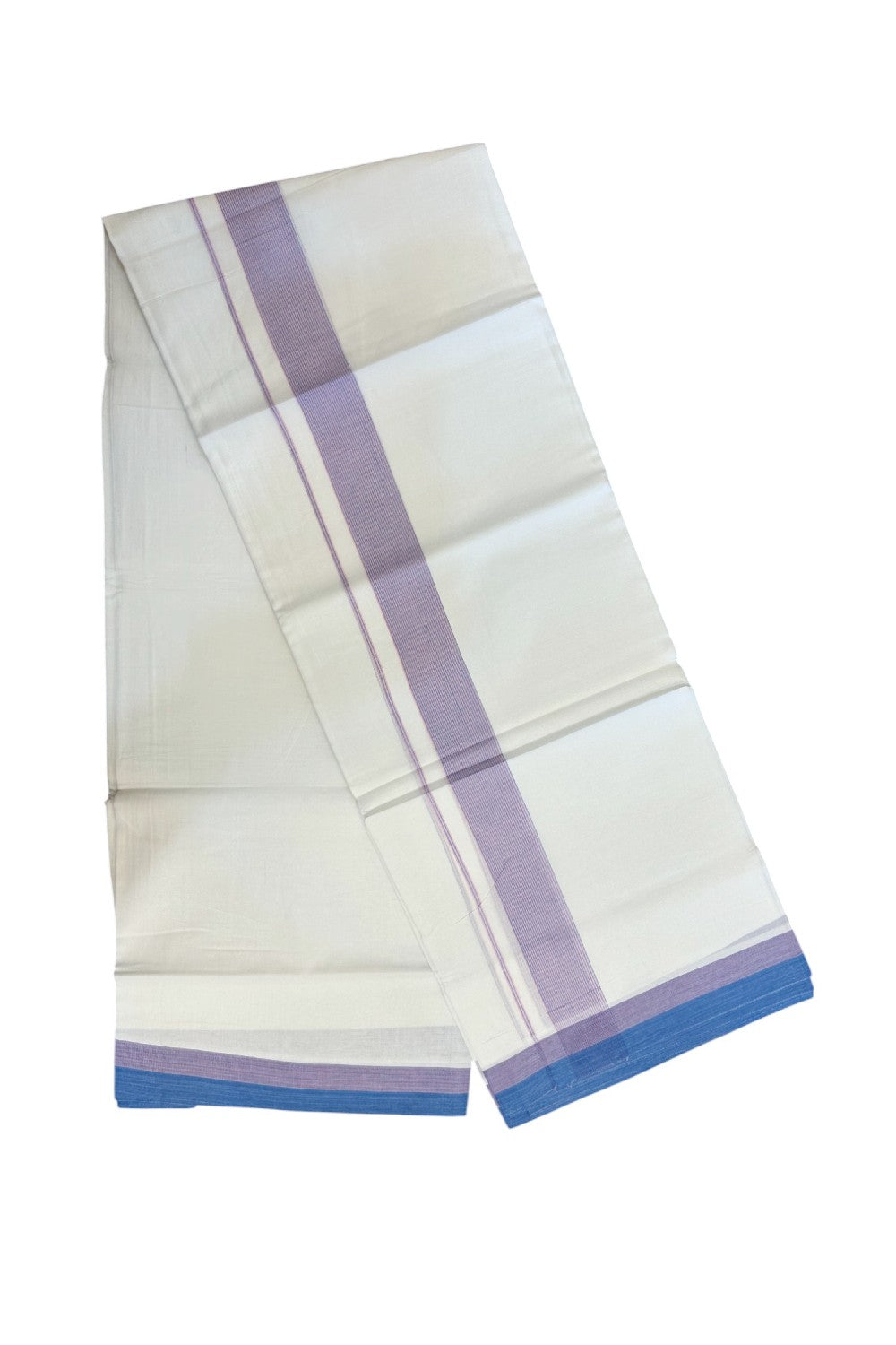 20% Discount ! Kaitharikada Balaramapuram 100% Cotton PURE WHITE Double Mundu/Dothi - 100x80 - 1.5 inch Blue & Pink Striped Kara - 1KK5183VIN