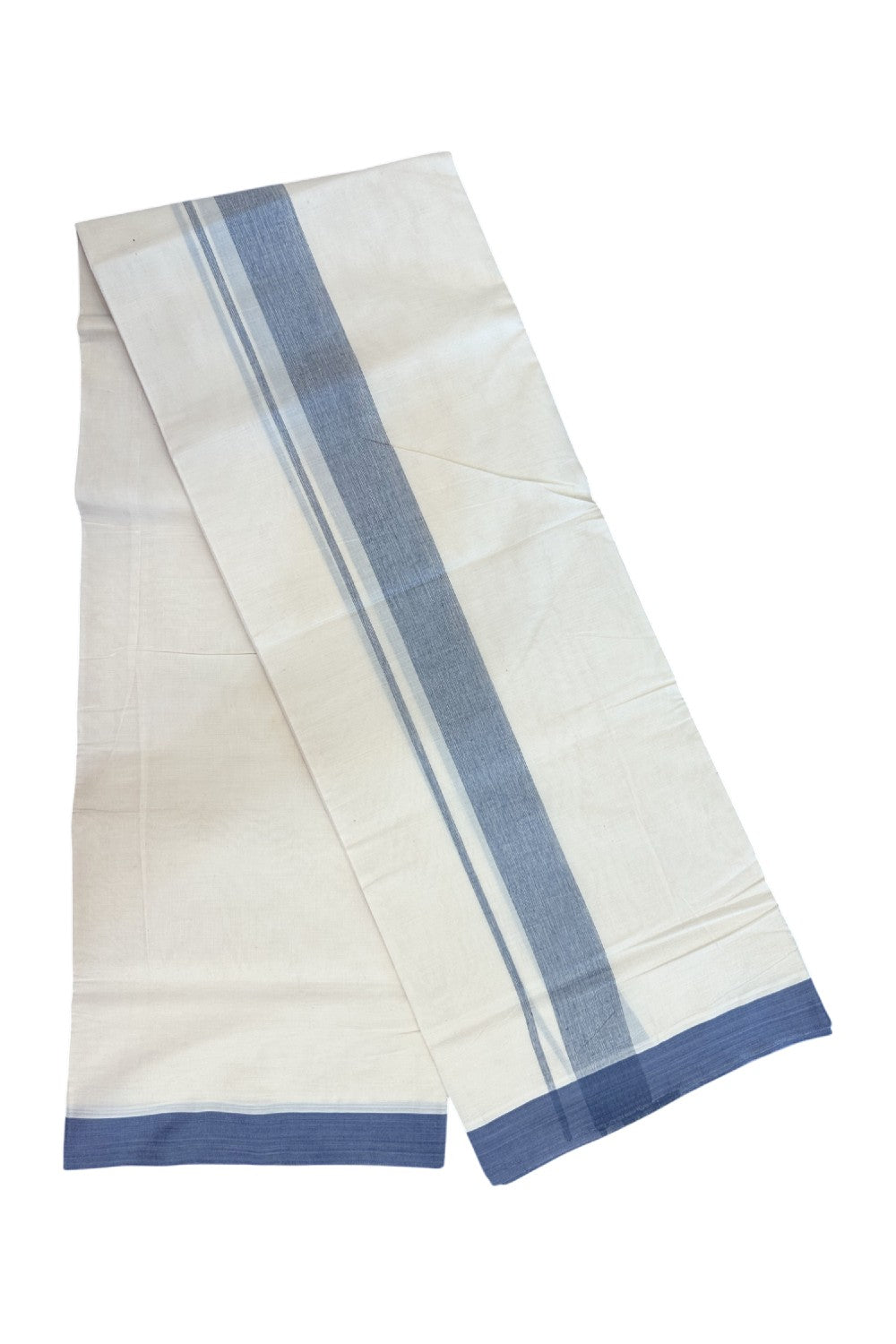 20% Discount ! Kaitharikada Balaramapuram 100% Cotton Double Off white (Unbleached) Mundu/Dhoti - 100x80 - 1.75 inch Blue shaded Kara - 1KK5186CKS