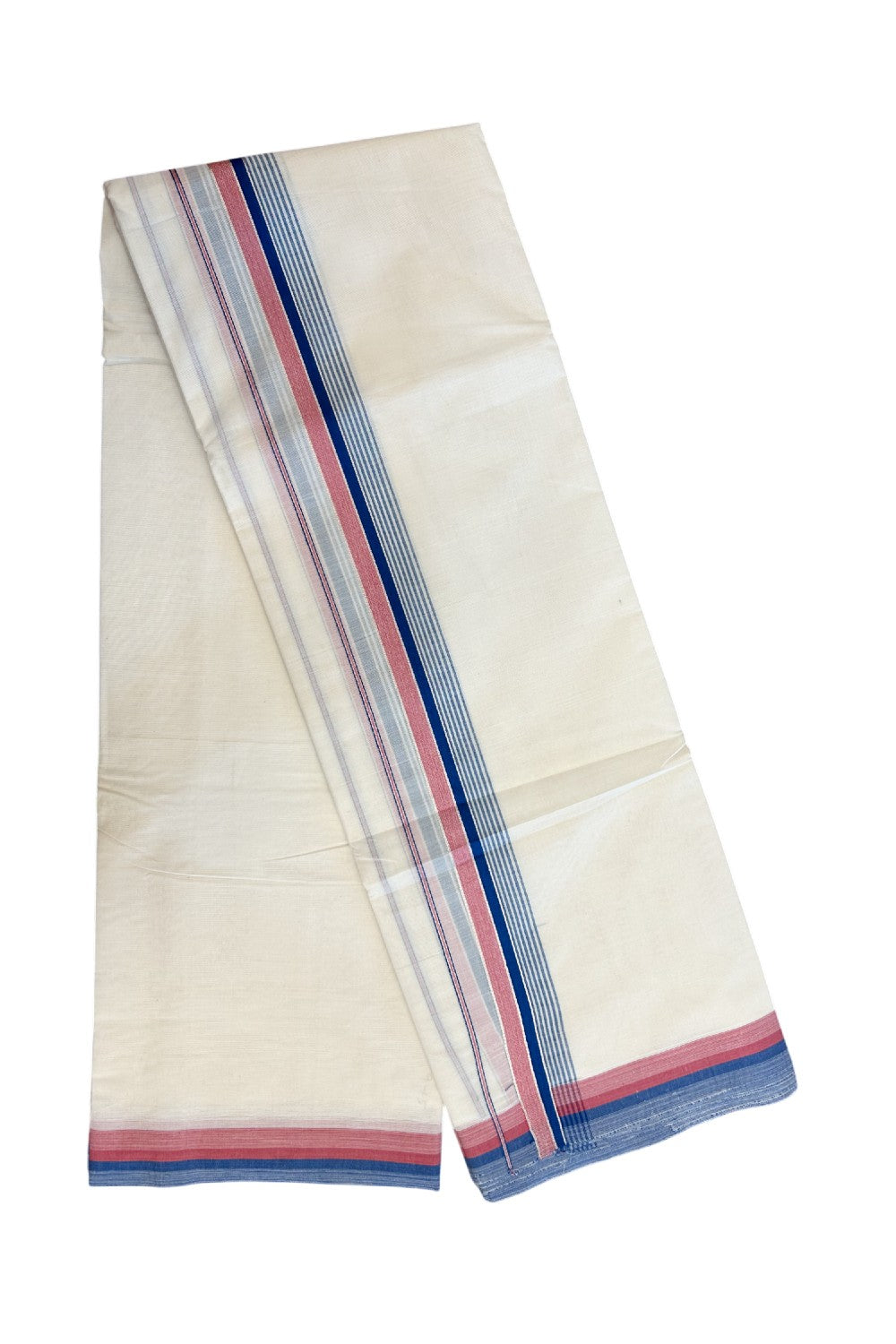 20% DISCOUNT! KaithariKada Cotton OFF White - 100x80 thread- NORTH INDIAN ATTACHED GAMCHA - 9X5 Dhoti - 1.5 inch Silver Kasavu Peacock Blue & Magenta Stripes Kara - 1KK5189PMC