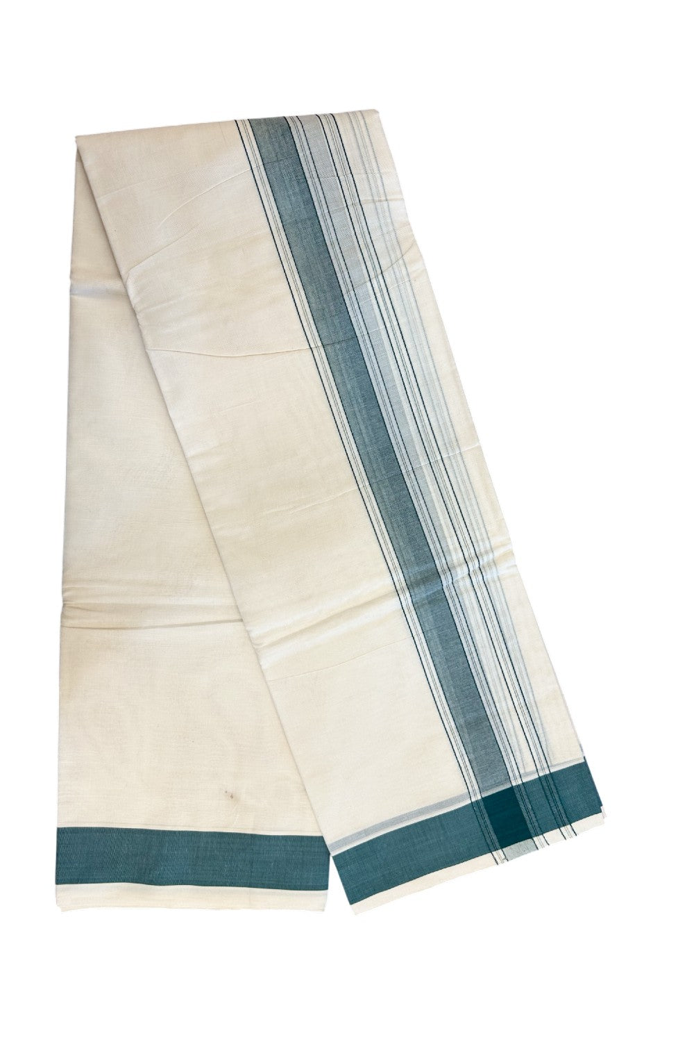 20% Discount KaithariKada 100% Cotton Off White - (Unbleached)- Pure Cotton - 100x100 thread - NORTH INDIAN ATTACHED GAMCHA 9X5 Dhoti Dark Green STRIPED 1.75 inch kara - 1KK5196PMC