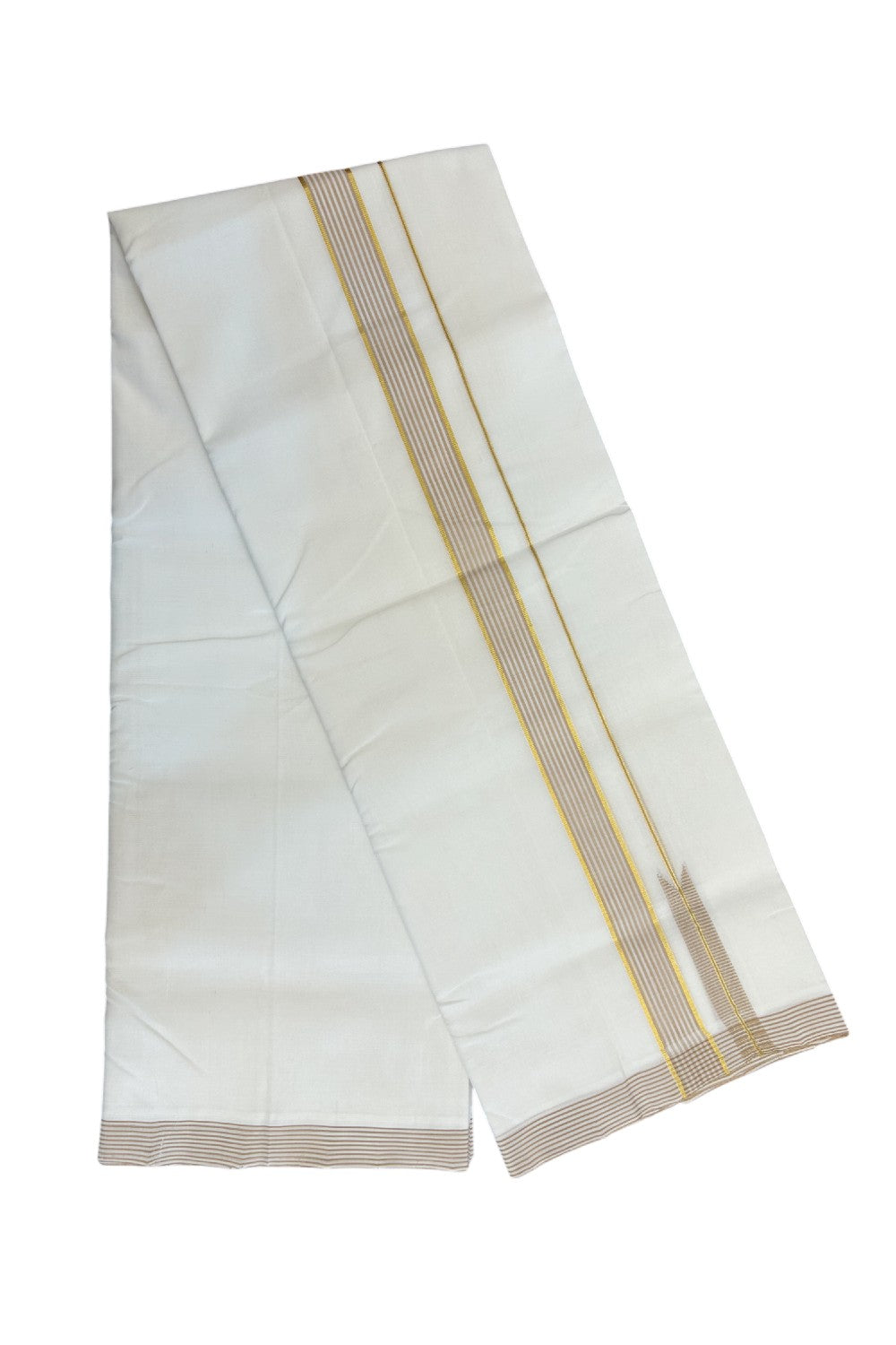 25% Discount!! NEW ULTRA PURE WHITE HANDLOOM Balaramapuram - 100% Mercerised Cotton Double Mundu/Dhoti - 120 twisted warp x 80s weft - 1.25 inch Puliyilakkara Gold Kasavu & Sand Brown Striped Chutty Kara- 1KK5200REA