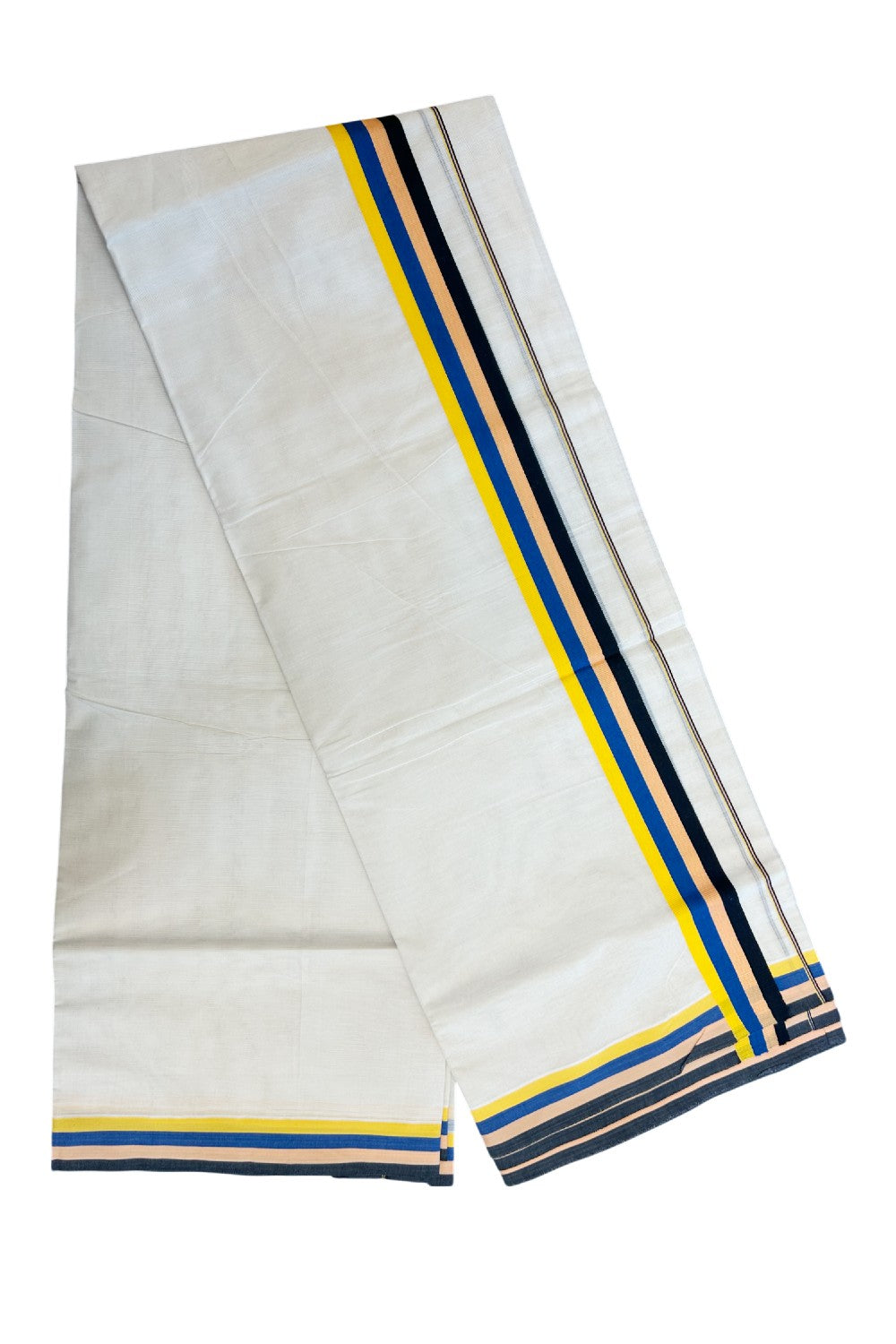 19% DISCOUNT ! KaithariKada Balaramapuram 100% Cotton off white (Unbleached) Double Mundu/Dhoti - 100X80 - 1.25 inch Multi Colour kara - 1KK5202PMC