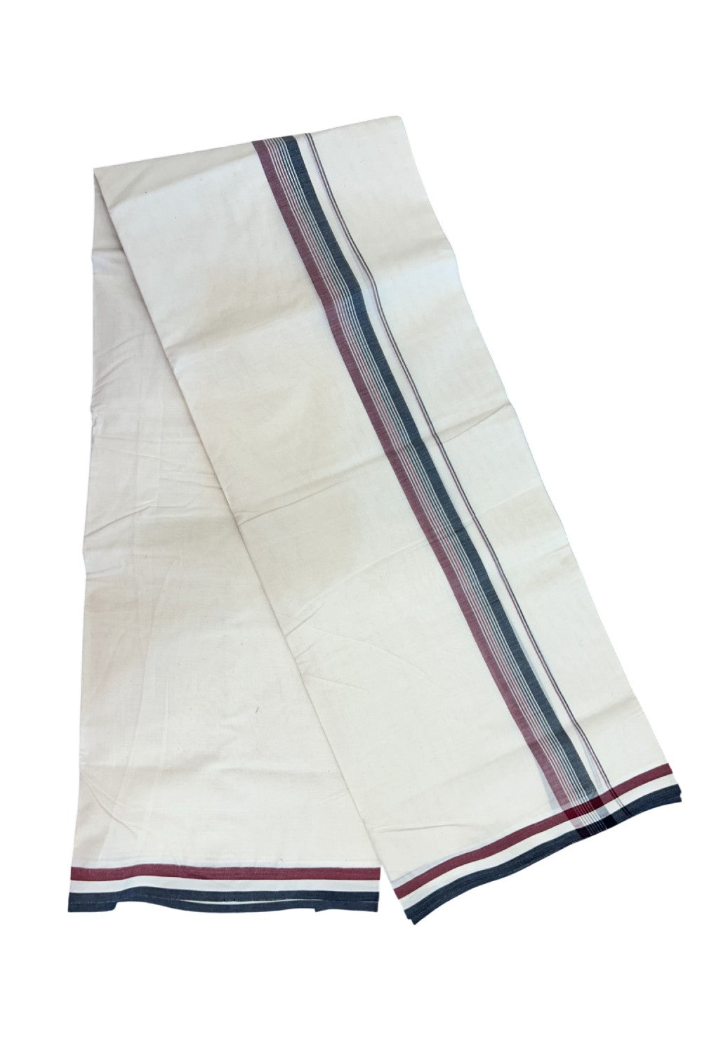 ADMK VESHTI - 21% DISCOUNT! KaithariKada 100% Cotton off white Double - (Unbleached) Mundu/Dhoti - 100X100 -1.25 inch inch Black Maroon & White Striped kara - 1KK5204 ASH