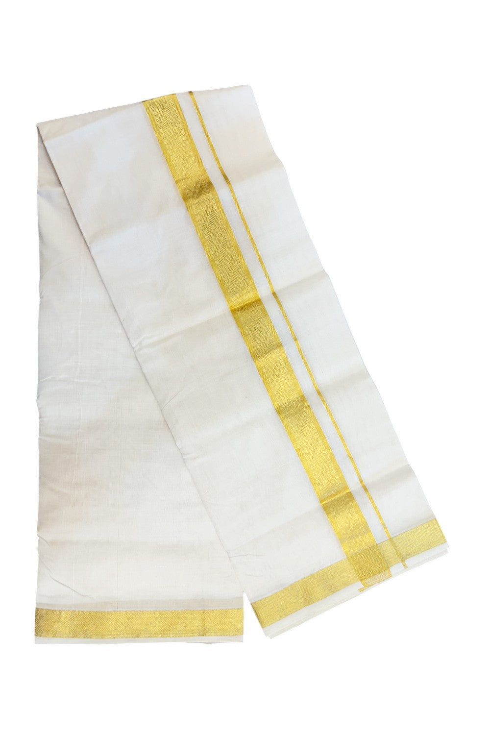 HANDLOOM Pure SILK Dhoti NEW! 25% DISCOUNT from Kaitharikada.com - BALARAMAPURAM Handloom Unakkupaav - Pure White - Double Mundu/Dhoti - 100x100 - Pure cotton + Silk - 1.5 inch Gold Kasavu Designer Kara - 1KK5206 ABH