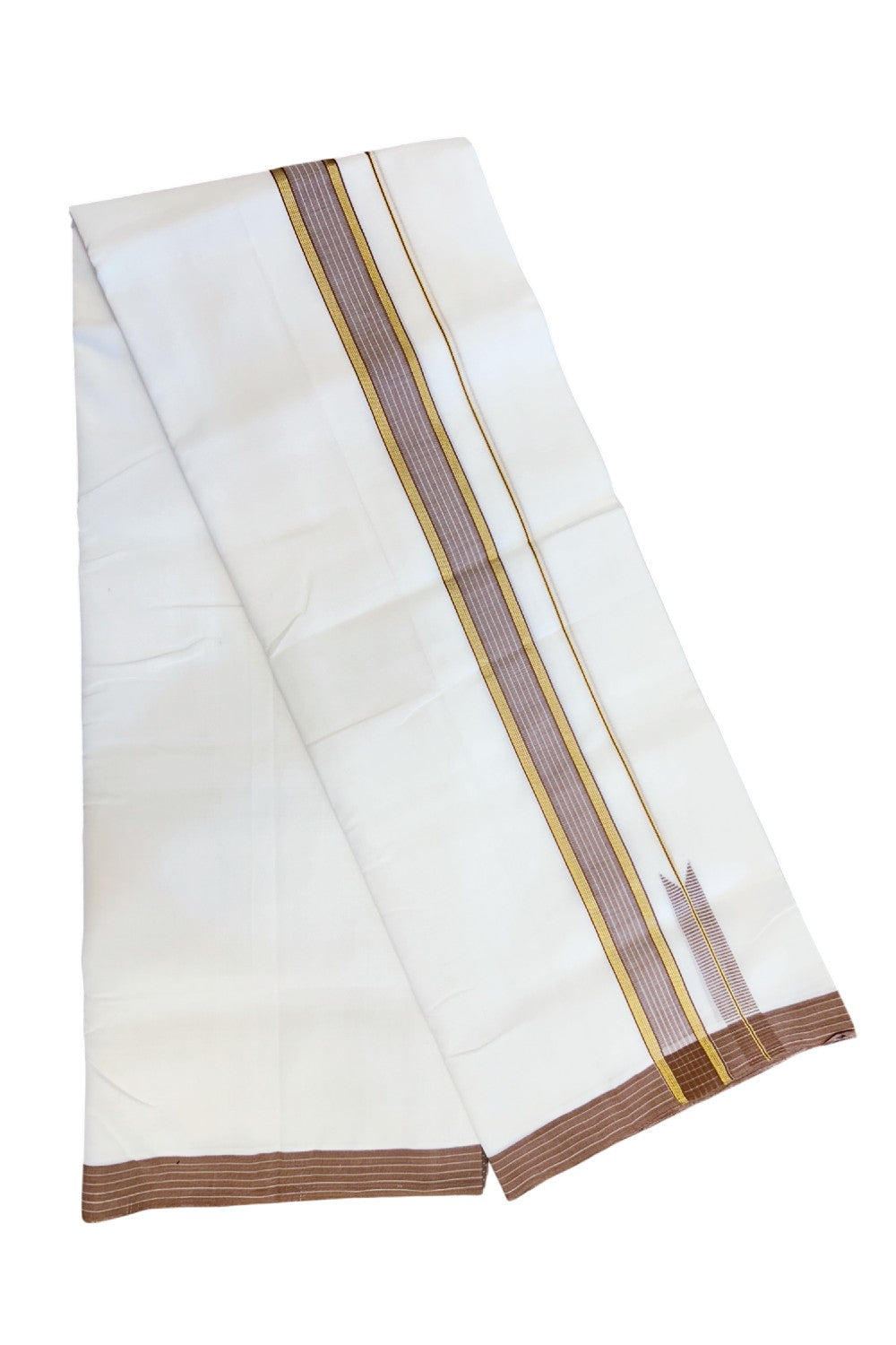 25% Discount! NEW ULTRA PURE WHITE HANDLOOM Balaramapuram - 100% Mercerised Cotton Double Mundu/Dhoti - 120 twisted warp x 80s weft - 1.5 inch Puliyilakkara Gold Kasavu & Sand Brown Striped Chutty Kara- 1KK5209 REA