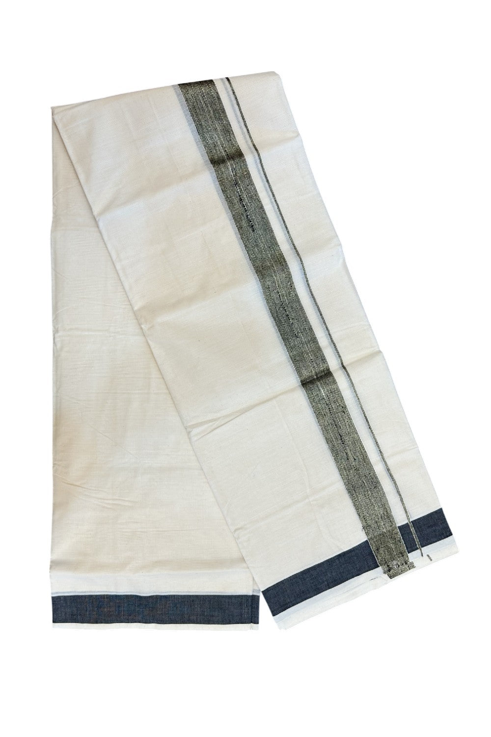 20% DISCOUNT ! KaithariKada Balaramapuram Mixed Cotton OFF WHITE (Unbleached) Double Mundu/Dhoti - 60s Thread Mixed Cotton - 1.5 inch Black & Gold Kasav Kara - 1KK5213 VIN