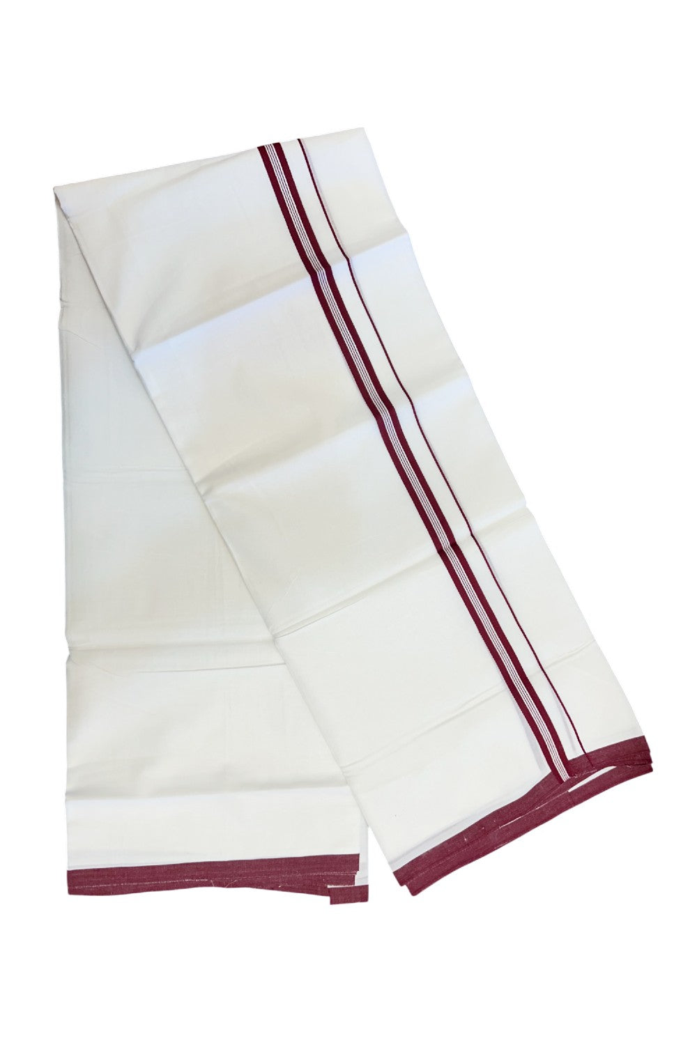 20% Discount ! Kaitharikada Balaramapuram 100% Cotton PURE WHITE Double Mundu/Dothi - 100x80 - 0.75 inch Marron Striped Kara - 1KK5217 CKS