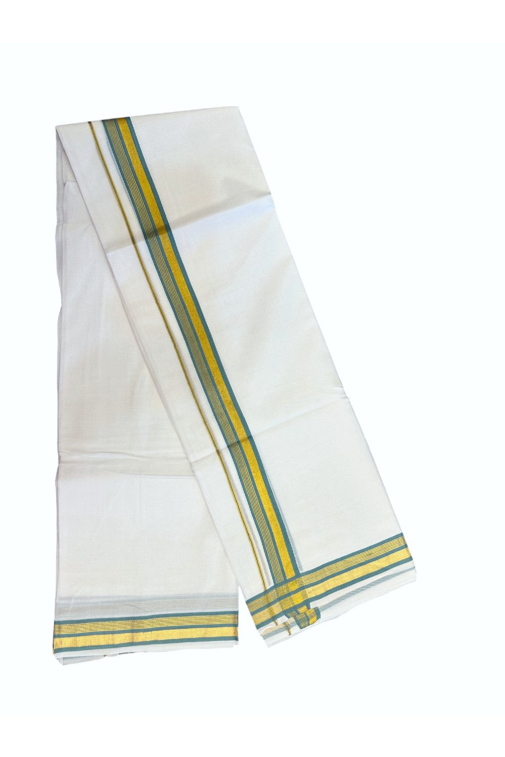 16% DISCOUNT! KaithariKada Balaramapuram 100% MERCERISED Cotton Double ULTRA PURE WHITE Mundu/Dhoti - 100x100 1.25 inch Cadet Blue & Kasavu Stripes Kara - 1KK5221 GAN