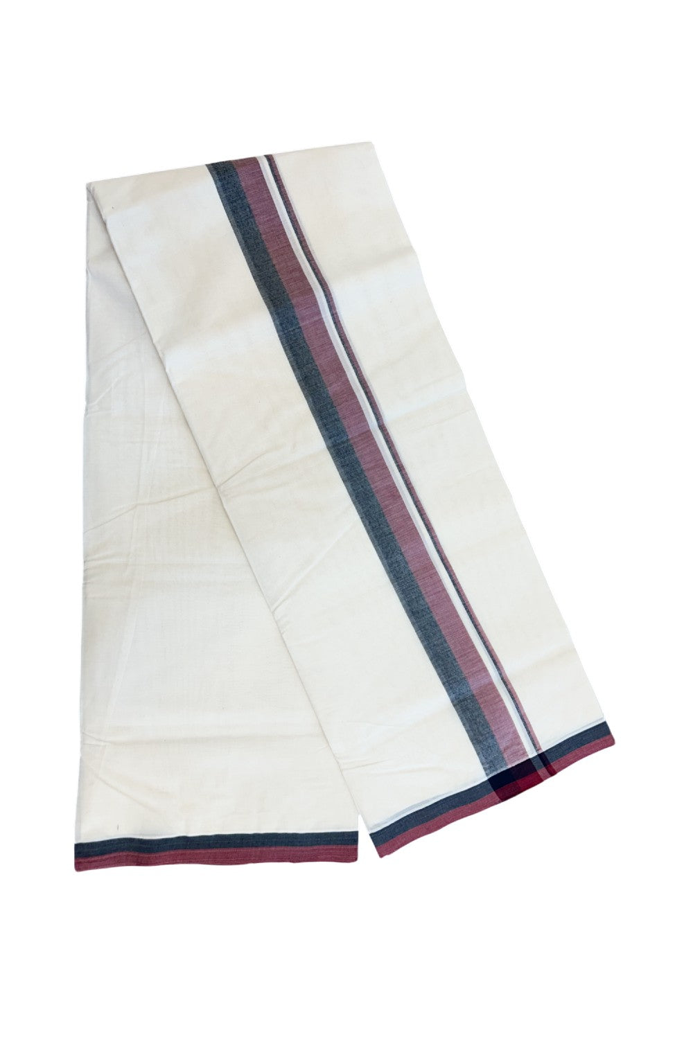 DMK Veshti - 20% DISCOUNT! KaithariKada 100% Cotton off white Double - (Unbleached) Mundu/Dhoti - 100X100 - 1.75 inch Black & Maroon shaded kara - 4 mtr (8.5 muzham)- 1KK5228 ASH