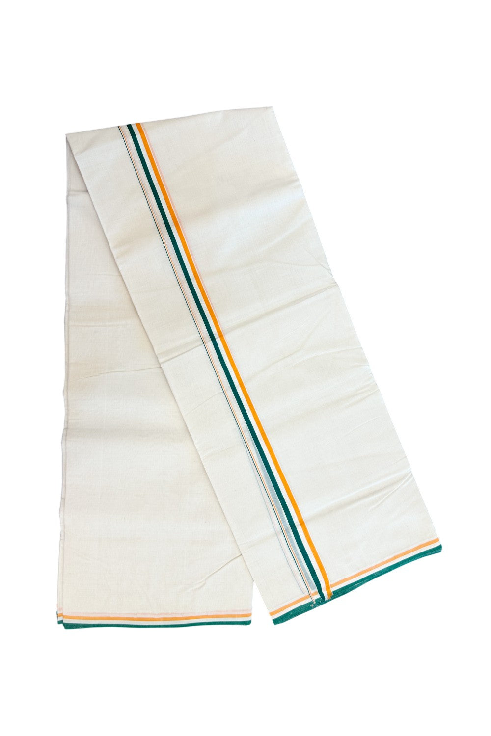 CONGRESS Veshti - 25% Discount!!! KaithariKada HANDLOOM Millpaav Balaramapuram - 100% PURE Cotton off white (Unbleached) Double Mundu/Dhoti - (80X90) - 0.75 inch Orange White & Green Kara - 4 mtr (8.5 muzham)- 1KK5240 KAS