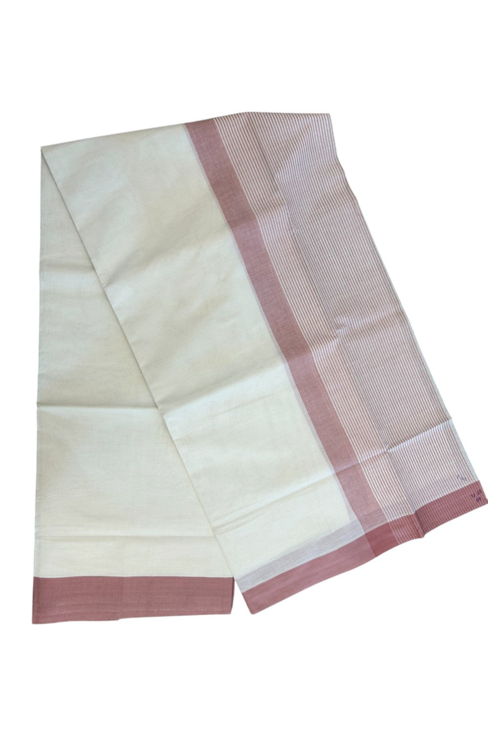 21% DISCOUNT! KaithariKada Balaramapuram 100% Cotton OFF WHITE (Unbleached) Double Mundu/Dhoti - 100x80 - 7.25 inch Dusty Rose Stripes Kara 4 mtr (8.5 muzham) - 1KK5243 PMC