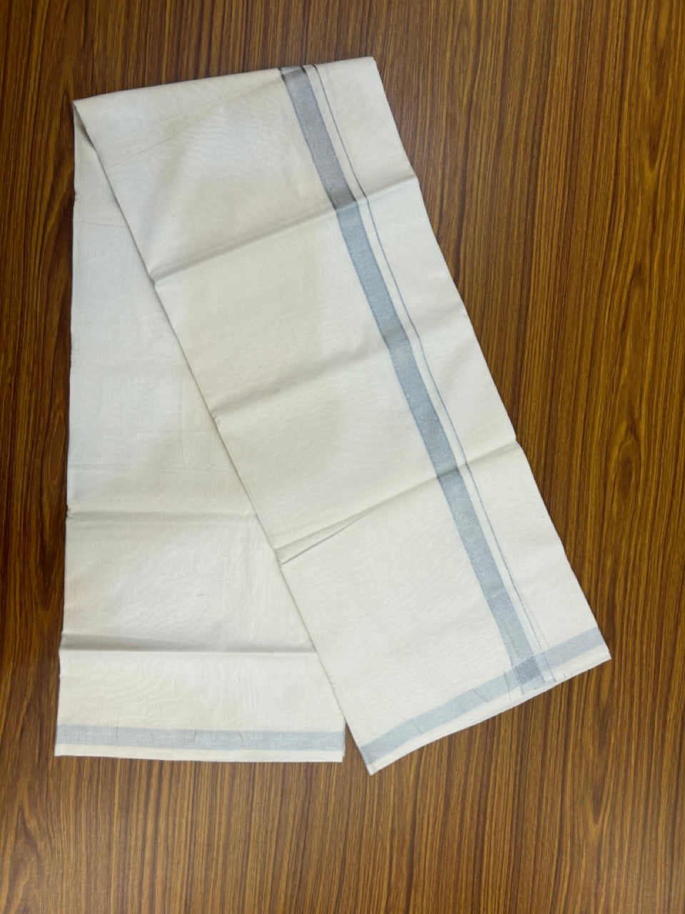 24% Discount !! KaithariKada Balaramapuram 100% Cotton Off white Single Mundu/Dhoti - Twisted 60s Thread- 0.75 inch Silver Kara (2 meter / 4 muzham) - 1 KK5245 GL