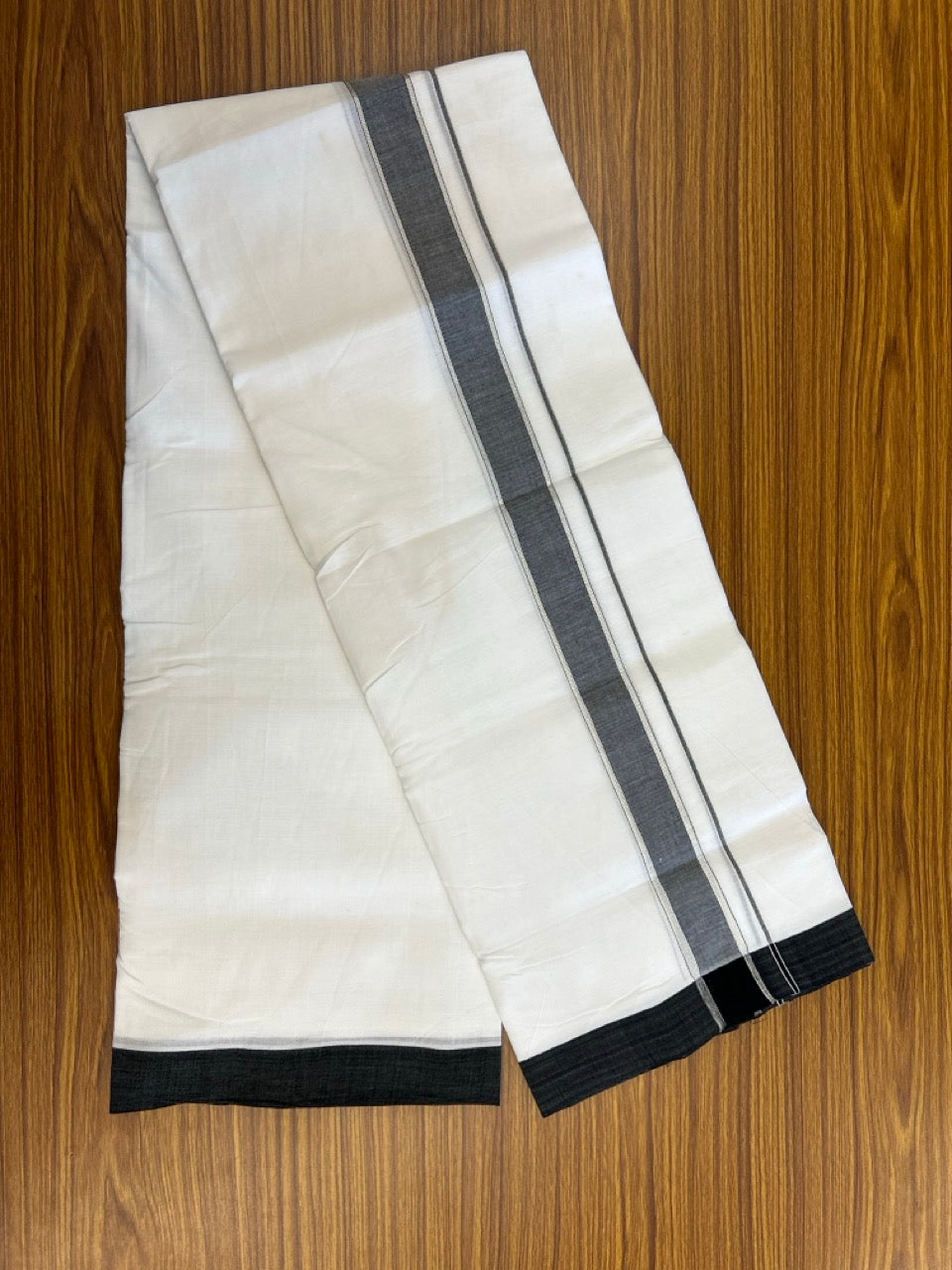 25% Discount!! NEW ULTRA PURE WHITE HANDLOOM Balaramapuram - 100% MERCERISED Cotton Double Mundu/Dhoti - 120 twisted warp x 80s weft - Black & Silver Kasav Kara- 1KK5248 REA