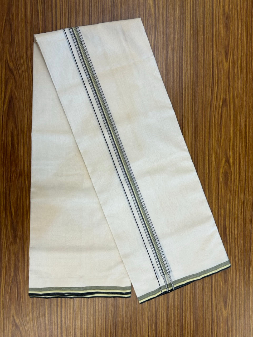 25% DISCOUNT!! KaithariKada HANDLOOM UNAKKUPAAV Balaramapuram - 100% PURE Cotton OFF White - (Unbleached) Double Mundu/Dothi - 120 x 100 - 0.75 inch Black & Light Green Silver Kasav Striped Kara 4 meter - 1 KK5249 REA