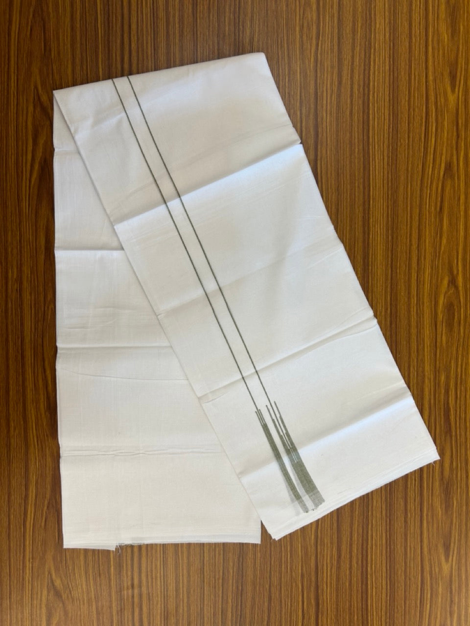 20% DISCOUNT!! NEW!! KaithariKada Balaramapuram 100% Cotton PURE WHITE Double Mundu/Dhoti - (100x80)s - 0.75 inch Sage Green Line chutty - 1 KK5249 VIN