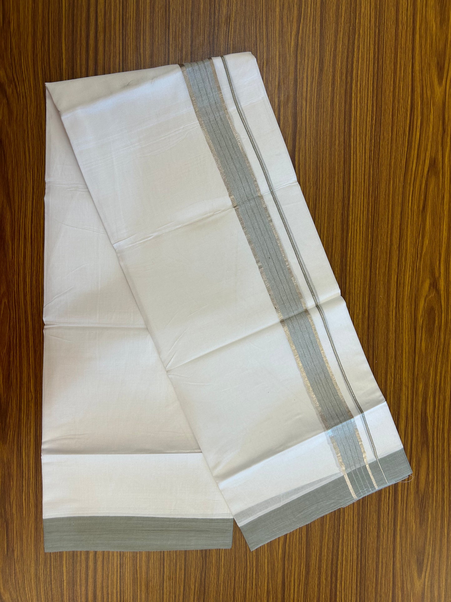 Short Dhoti Special - 28% Discount ! KaithariKada 100% Cotton Pure White Double Mundu / Dhoti - 100x80 - 45 inch Height 3.80 m Length 1.5 inch Ash Green Silver Kasav kara - 1 KK 5258 THI
