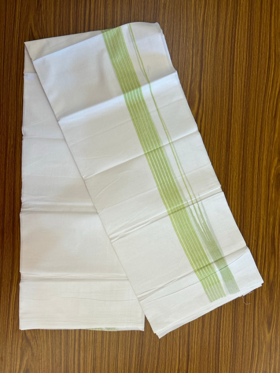 24% Discount! KaithariKada Balaramapuram 100% Cotton Pure white Double Mundu/Dhoti - (100x80)s - 1.5 inch Puliyilakkara fluorescent Green Stripes Chutty - 101 KK5258 THI