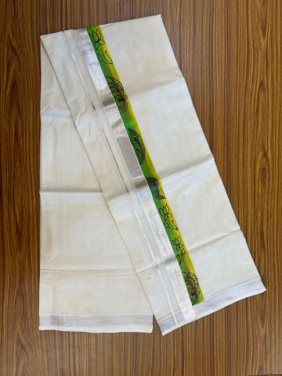 24% Discount! Hand Painted - KaithariKada 100% Cotton Double Off white - (Ubleached) Mundu / Dhoti - 100x80 1 inch Silver Kasavu & Hand Painted Kathakali Flower Peacock - 1 KK5259 CKS