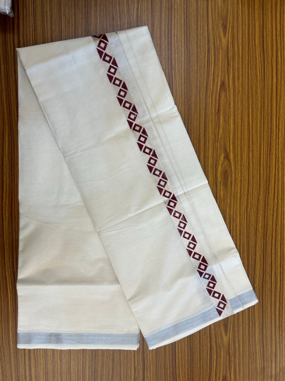 KaithariKada 100% Cotton Double 4 meter Off white - (Ubleached) Mundu / Dhoti - 100x80 1 inch Silver Kasavu & Printed Tribal - 1 KK5262 MUT