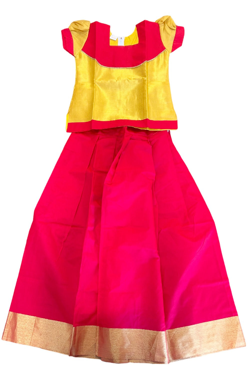 Midukki-Traditional South Indian Kids Pattu Pavada- Yellow tissue top red skirt - Age 11 - KK11MID001