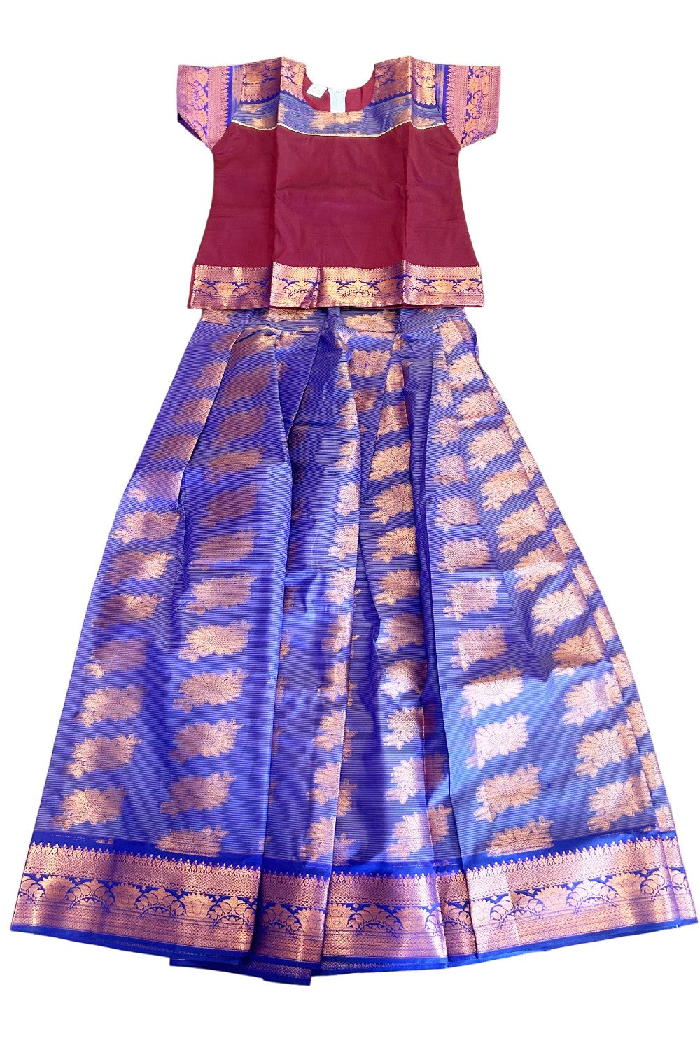 Midukki-Traditional South Indian Kids Pattu Pavada- Maroon top Violet+copper skirt- Age 15&16 - KK15&16MID001