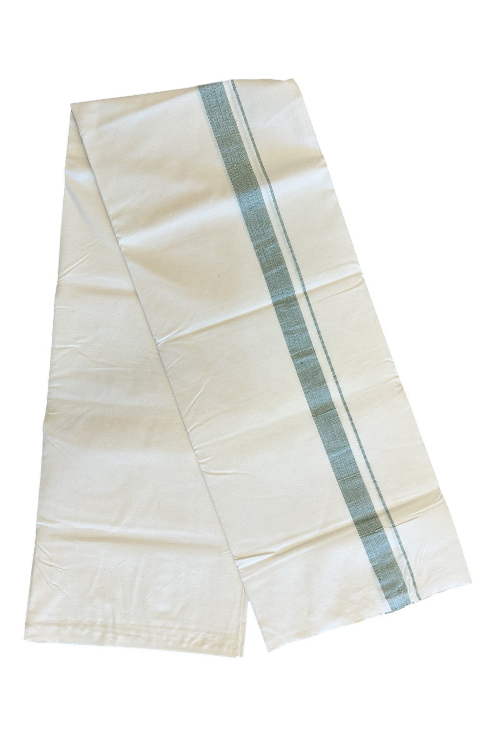 14% DISCOUNT ! KaithariKada Balaramapuram 100% COTTON SINGLE OFF WHITE - (Unbleached) Mundu/Dhoti-Twisted 100s Thread- 1.5 inch Shaded Green Kara (2 metre / 4 muzham)- 1KK5019ASH