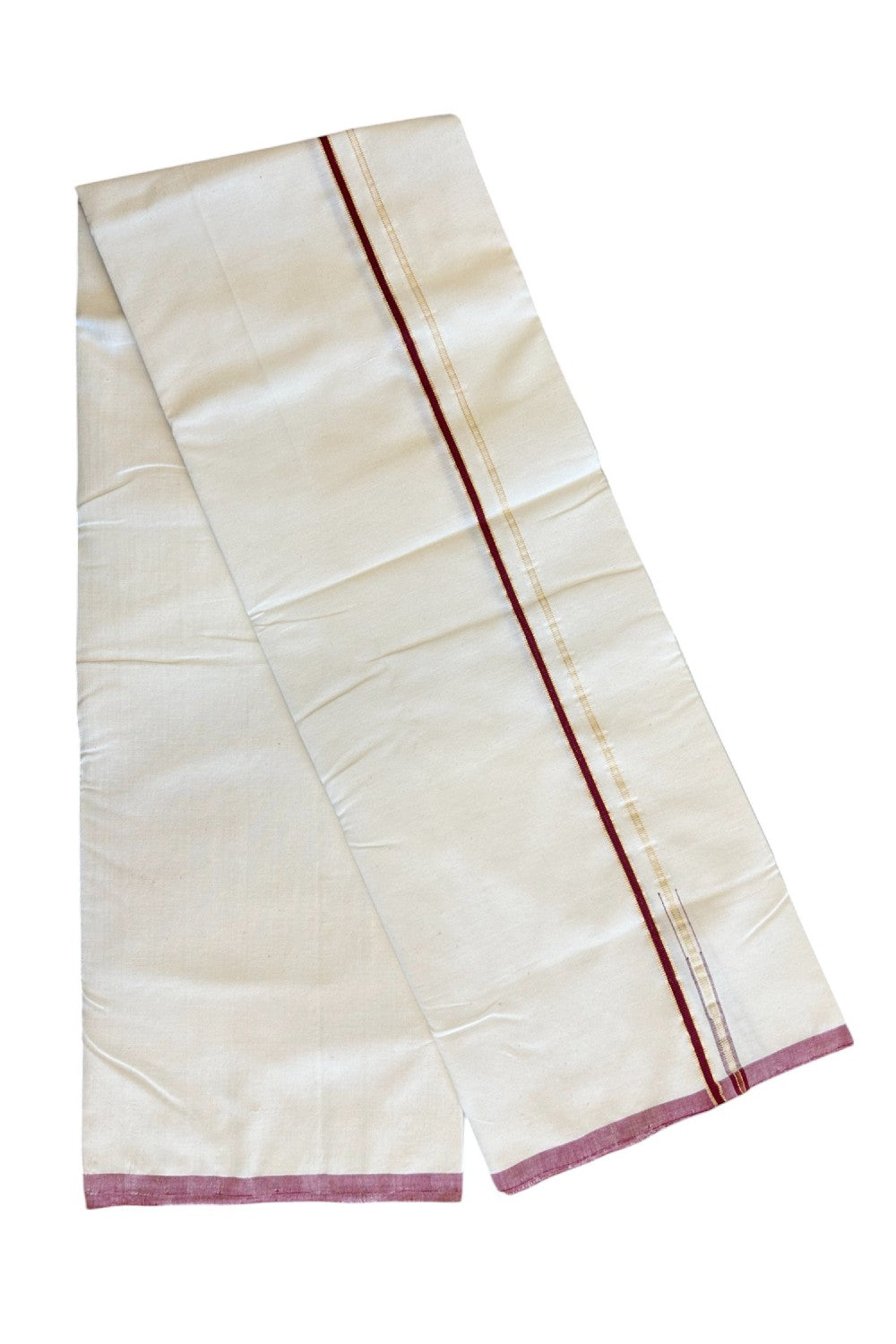 SIGNATURE KAITHARIKADA EXCLUSIVE SINGLE DHOTI - 100% Cotton Balaramapuram HANDLOOM Single Mundu/Dhoti - Off White 0.25 Inch Maroon & KASAVU Chutty Kara- 1KK5034KAI