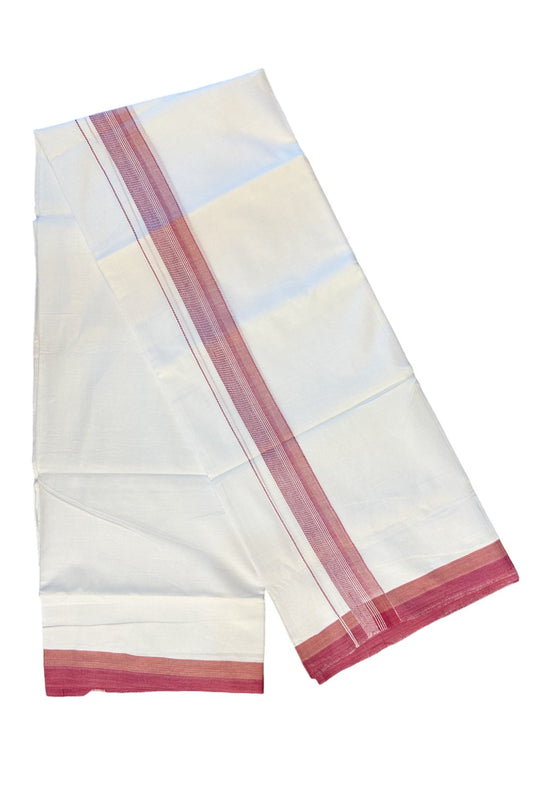 21% DISCOUNT!! Kaitharikada Balaramapuram 100% Cotton Ultra WHITE Double Mundu/Dothi-100x80 PINK & WHITE STRIPED Cotton Kara -1KK63VAS.