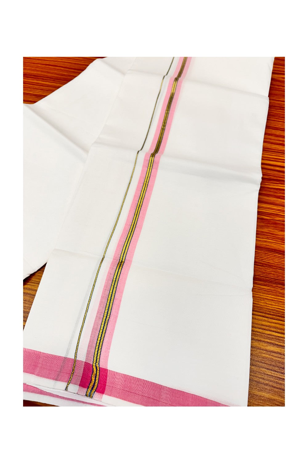 30% OFFER! KaithariKada 100% Cotton Balaramapuram HANDLOOM Single PURE WHITE Mundu/Dhoti - 1.5 inch (2 meter / 4 muzham) Pink & Kasavu Kara Stripes- 1KAI