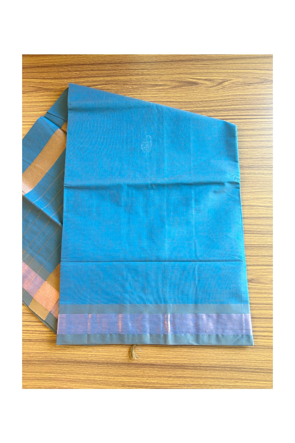 KaithariKada- Balaramapuram Saree - 100% PURE Cotton Silk - Blue Green Shaded & Copper Kasavu Design -1KK1005PAN.