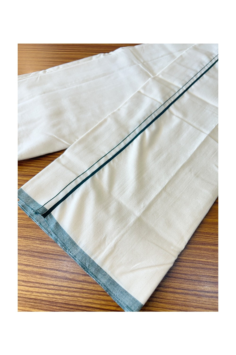 Signature Kaitharikada Exclusive Ssingle Dhoti - 100% Cotton Balaramapuram Handloom Single Mundu/Dhoti - Off White - (Unbleached)1.5 cm Green Kara (2 metre / 4 muzham) - 1KK467KAI