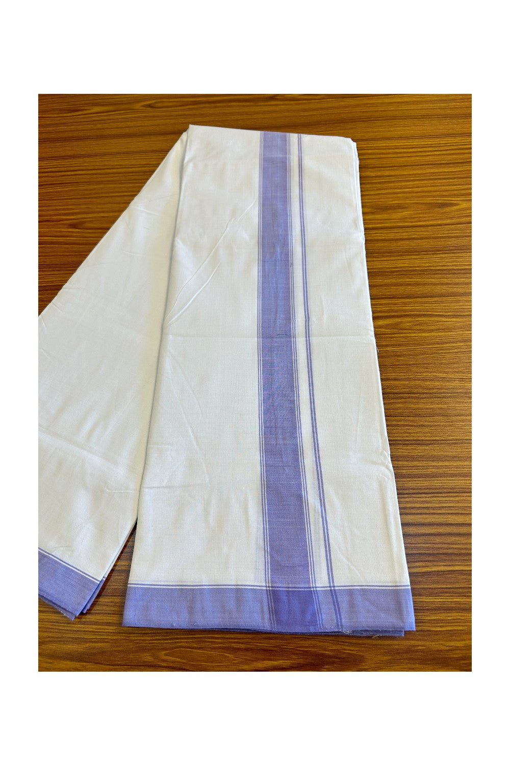 120X120 PREMIUM Kaitharikada Exclusive - 30% DISCOUNT! BALARAMAPURAM HANDLOOM Unakkupaavu - 100% PURE Cotton Double Mundu/Dhoti PURE WHITE - 2.25 inch Lavender Violet Striped Kara - 1KK478KAL