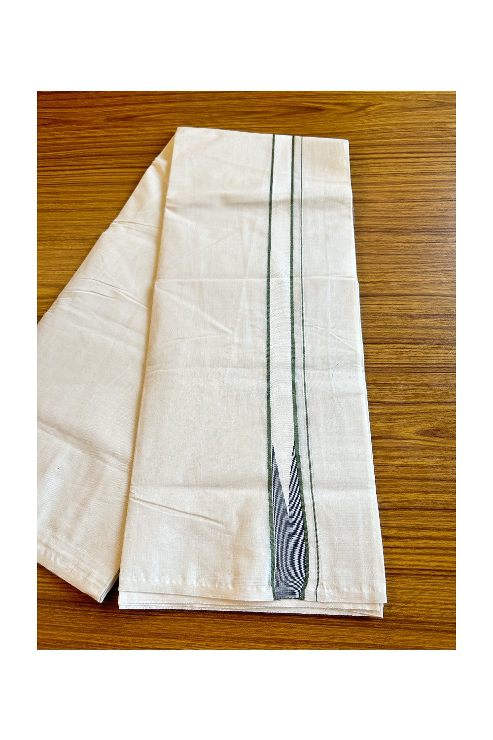 26% OFFER ! KaithariKada Balaramapuram 100% Cotton Double OFF WHITE - (Unbleached) Mundu/Dhoti-100x100 1.65 INCH Puliyilakkara Olive Green Heavy Chutty Black Stripes - 1KK484ASH